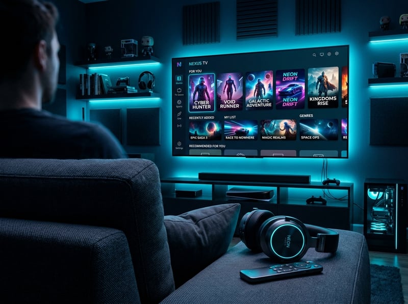 A man sitting on a couch watching a TV with a neon blue light.
