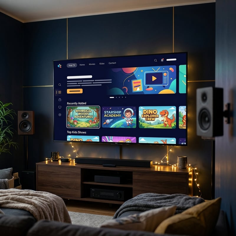 A large flat screen TV displaying a selection of children's shows.