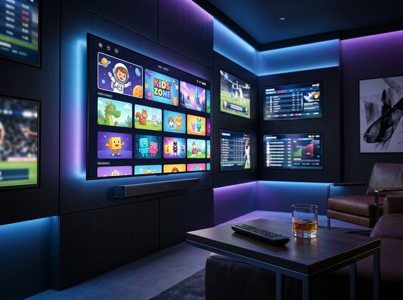 A room with a large screen TV and a remote control.