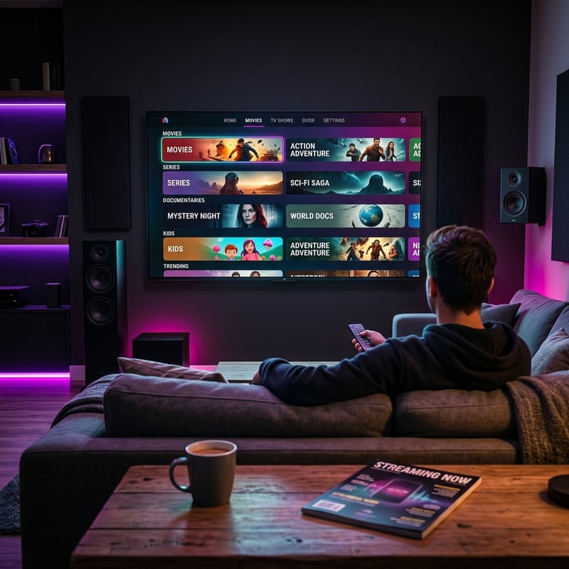 A man sitting on a couch in front of a large flat screen TV with a menu of movies and shows.