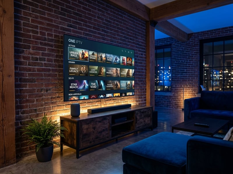 A large flat screen TV with the One IPTV app on it.