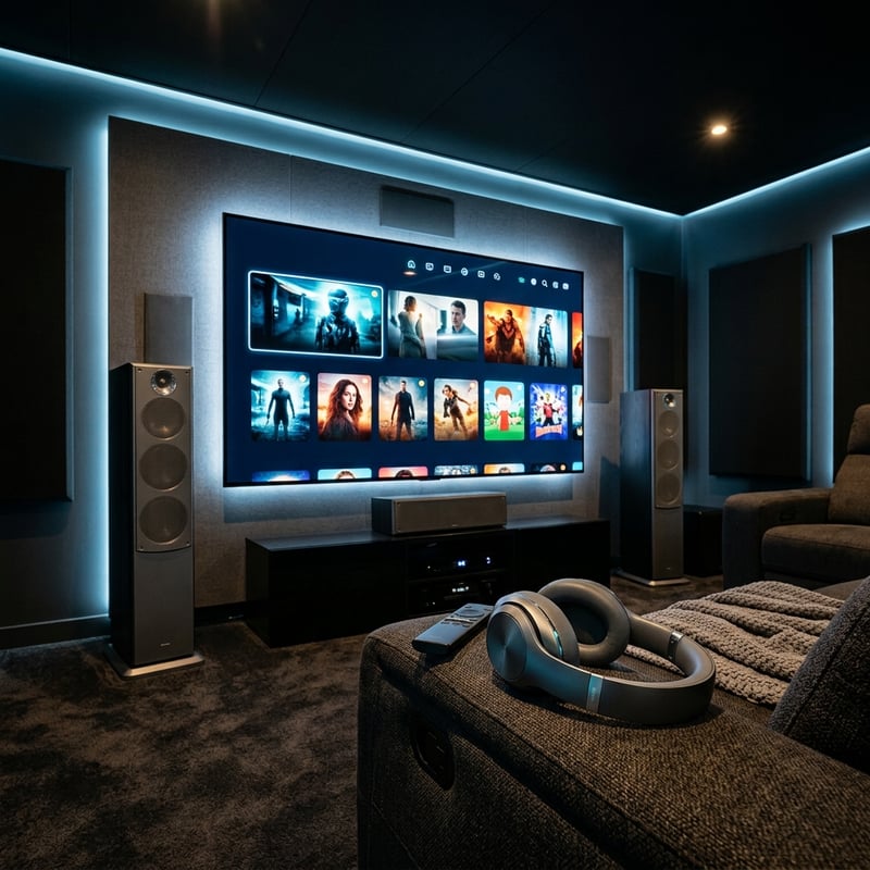 A large flat screen TV with a black frame and a blue background displaying a variety of movies and shows.