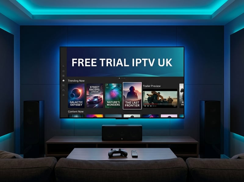 A large flat screen TV with the words Free Trial IPTV on the screen.