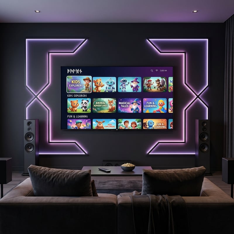 A large flat screen TV with a purple frame and a selection of cartoons on it.