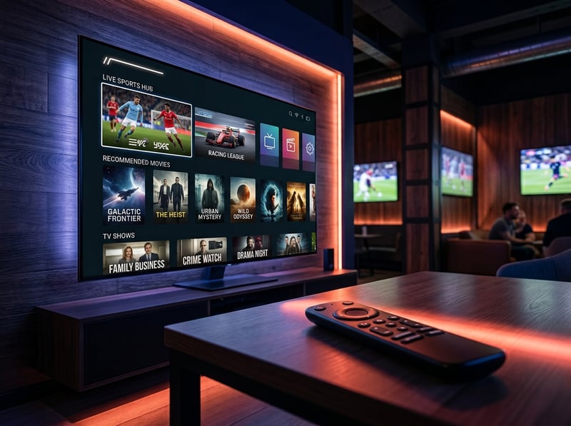 A flat screen TV with a remote control on a table.