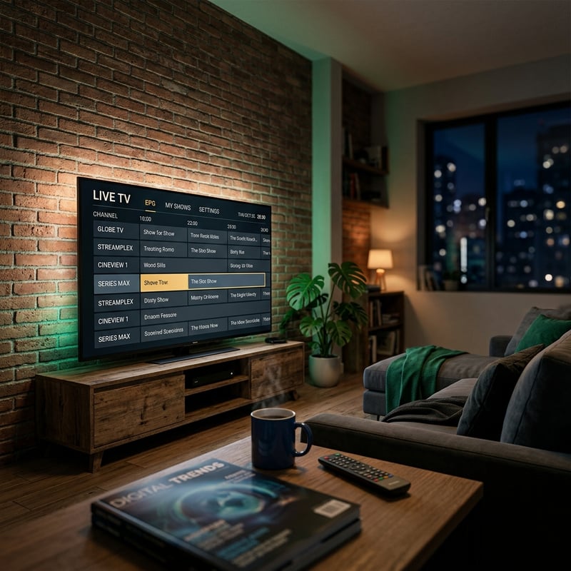 A flat screen TV with a live TV app on it.
