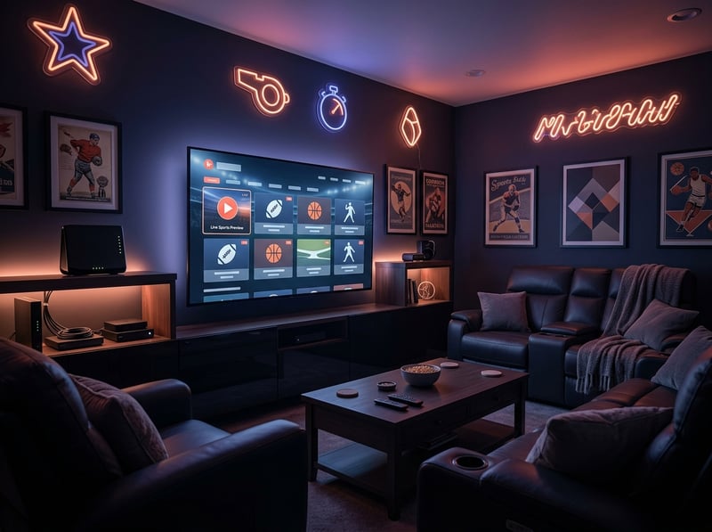 A dark room with a large flat screen TV and a couch with a remote control.