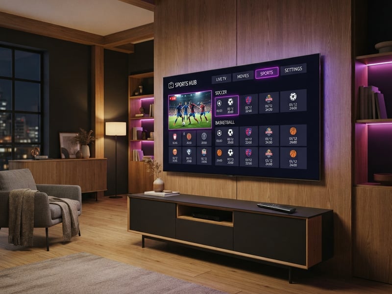 A large flat screen TV displaying a sports menu.