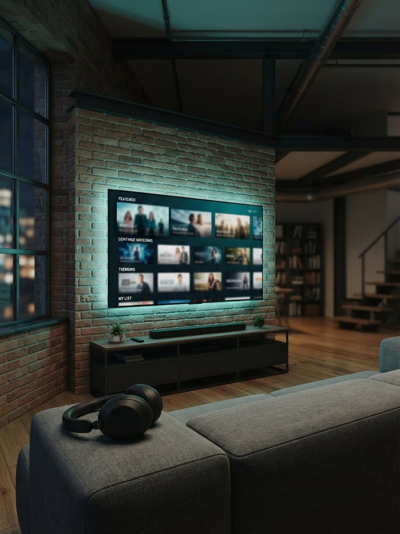 A large flat screen TV with a brick wall behind it.