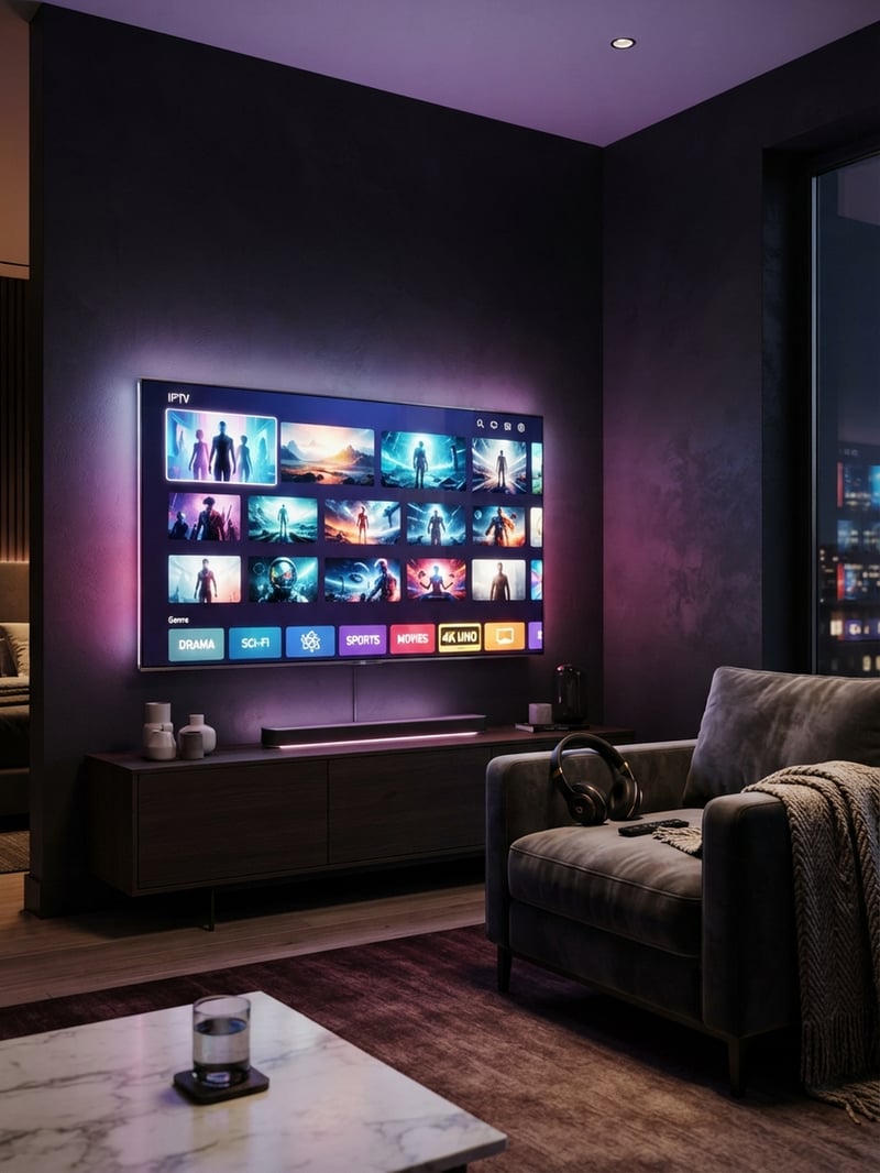 A large flat screen TV with a purple glow is on a stand in a living room.
