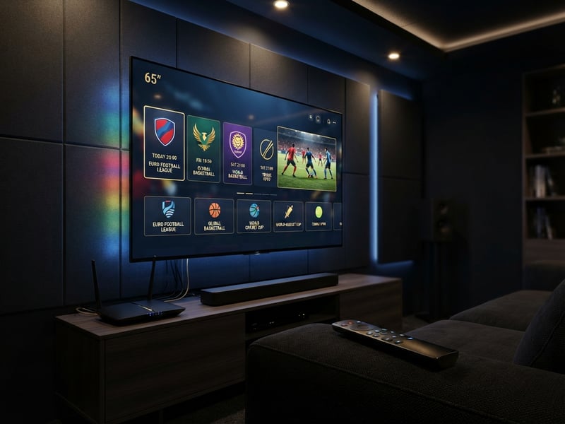 A large flat screen TV with a menu of sports and other channels.
