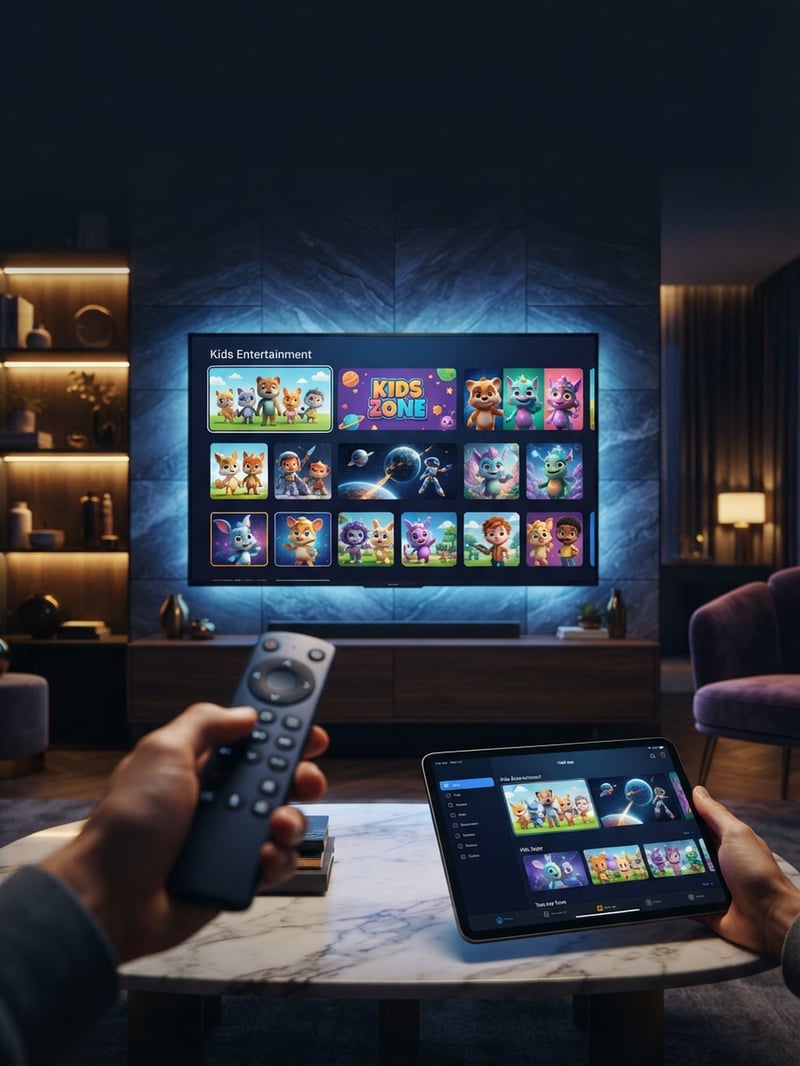 A person holding a remote control in front of a flat screen TV.