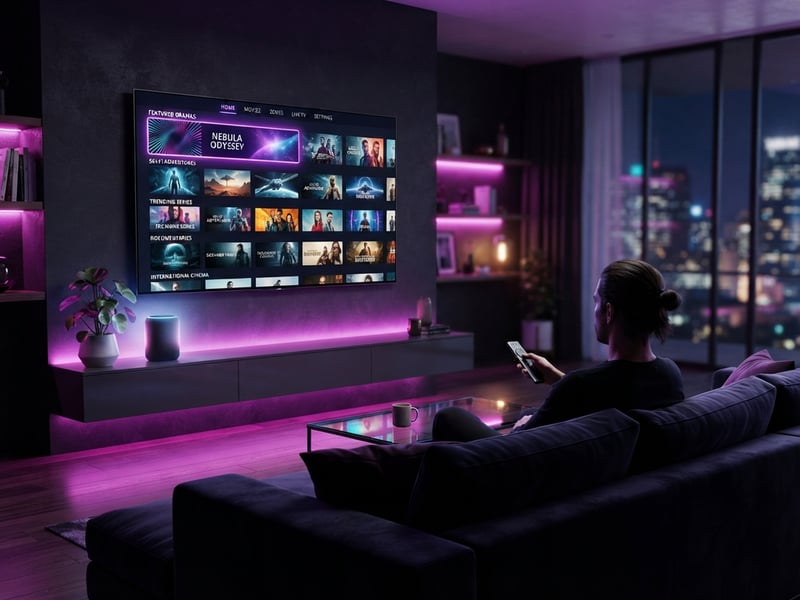 A man is sitting on a couch in front of a flat screen TV that is displaying a menu of movies and shows.