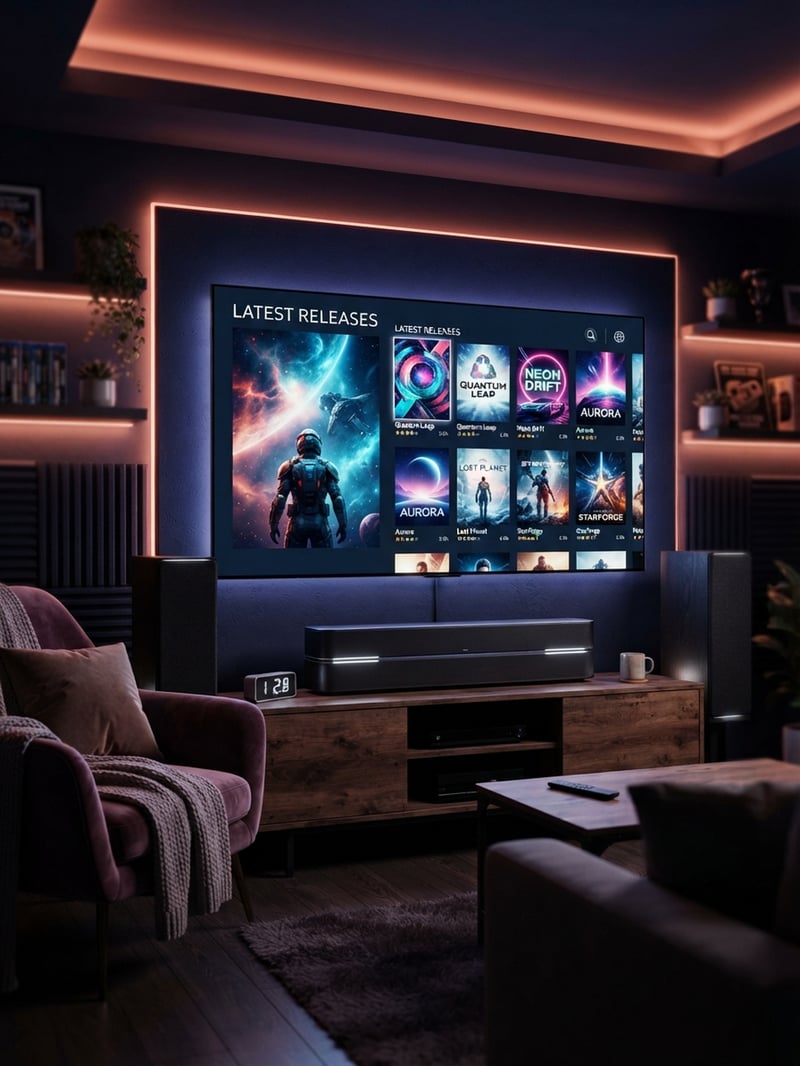 A flat screen TV with a menu of movies and shows on it.