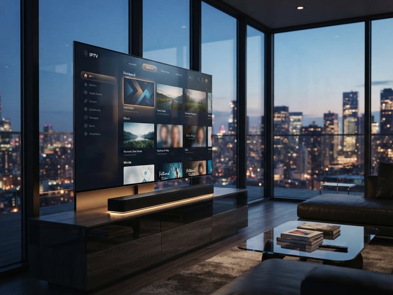 A large flat screen TV is on in a living room with a cityscape view.
