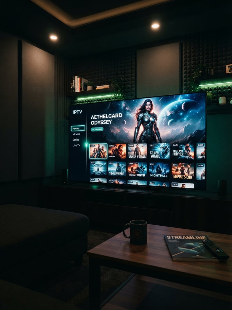 A large flat screen TV with a woman on it and the word IPTV on the screen.