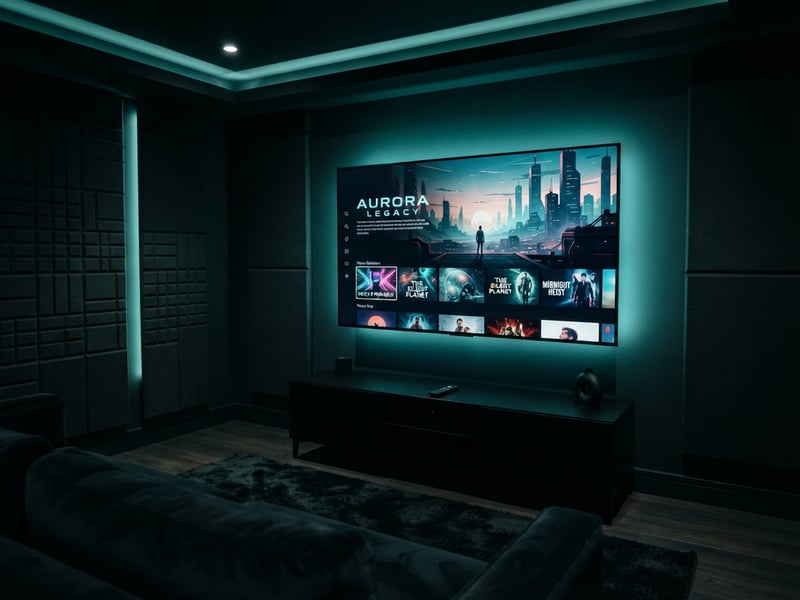 A large flat screen TV with a blue background and a menu of movies and shows.