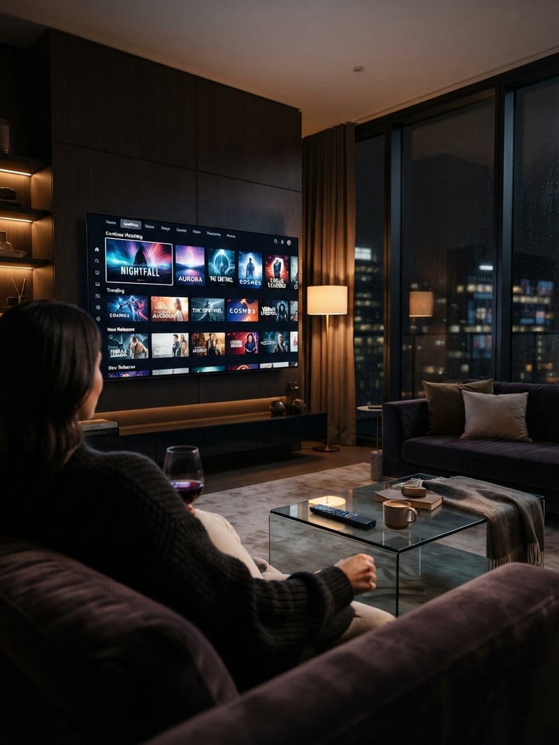 A woman sitting on a couch watching a large flat screen TV.