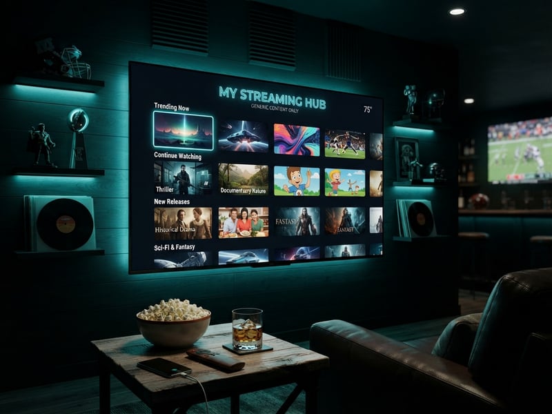A large flat screen TV with a menu of movies and shows on it.