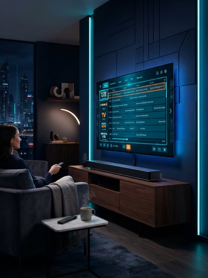 A woman sitting on a couch in front of a large flat screen TV.