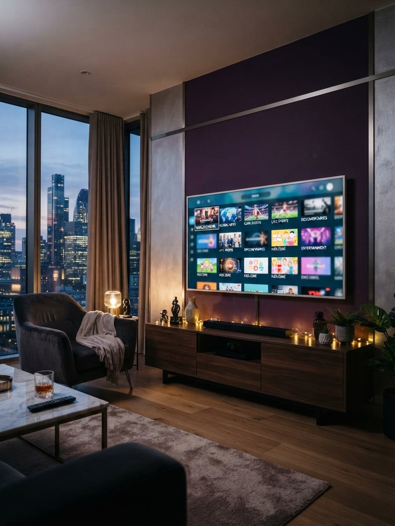 A large flat screen TV is mounted on the wall in a living room.