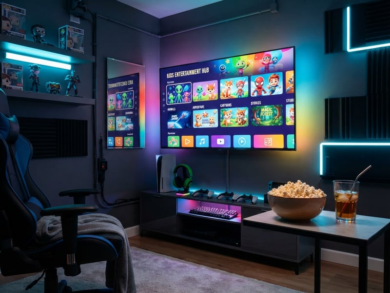A large flat screen TV with a bowl of popcorn in front of it.