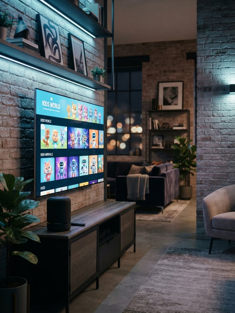 A large flat screen TV is mounted on a brick wall, displaying cartoons.