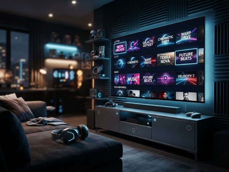 A large flat screen TV with a variety of channels including IPTV.
