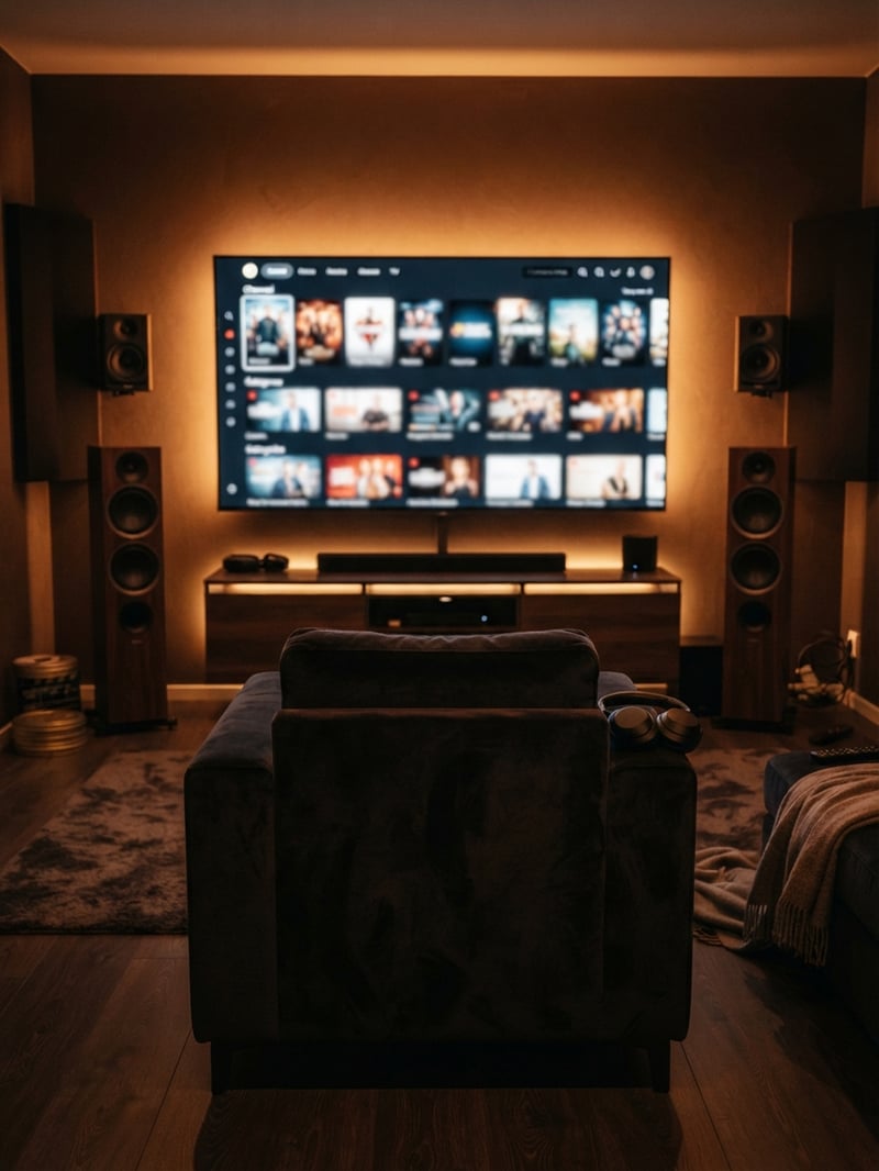 A large flat screen TV with a remote control and a chair in front of it.