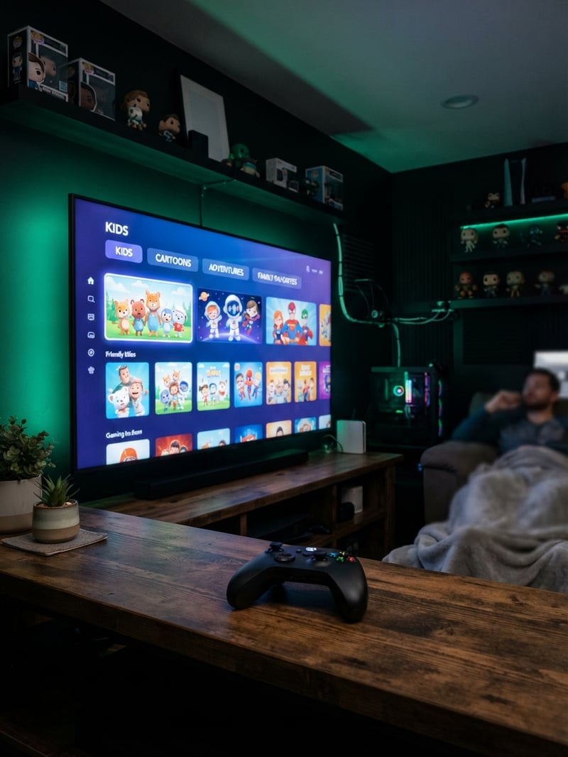 A man is laying on a couch in front of a large screen TV with a menu of children's shows.