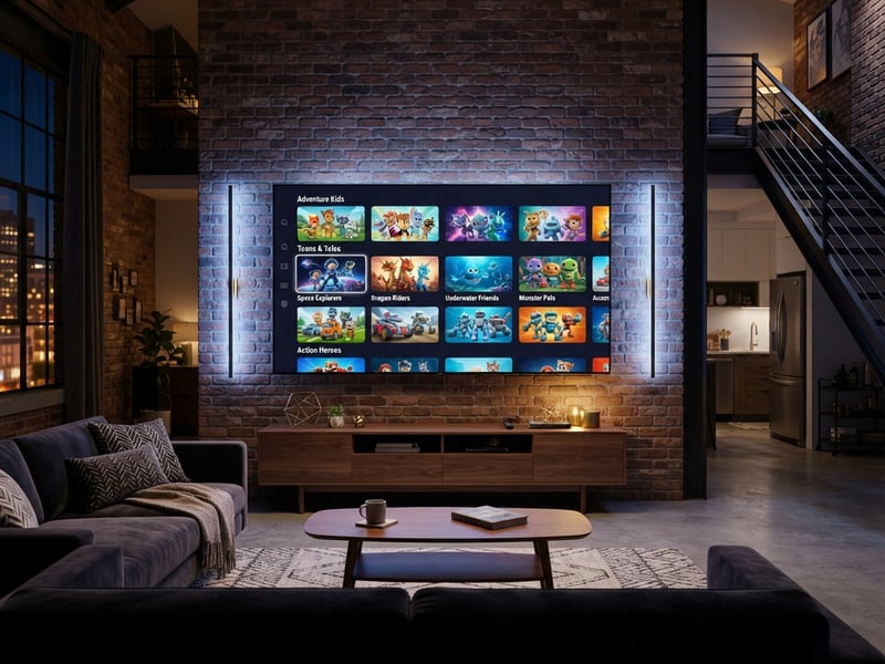 A large flat screen TV with a brick wall behind it.