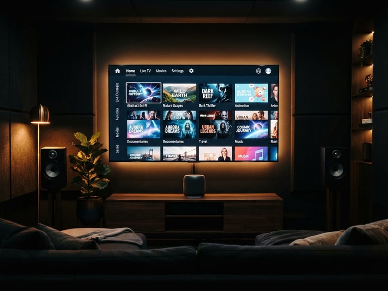 A large flat screen TV with a variety of movies and shows on it.