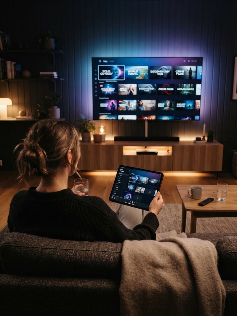 A woman is holding a tablet with the IPTV app on it.